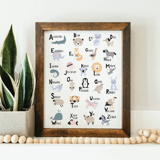 Scandinavian Animal Alphabet Framed Wood Sign