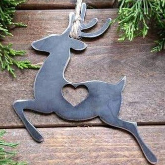 Rustic Steel Reindeer Ornament w/ Heart